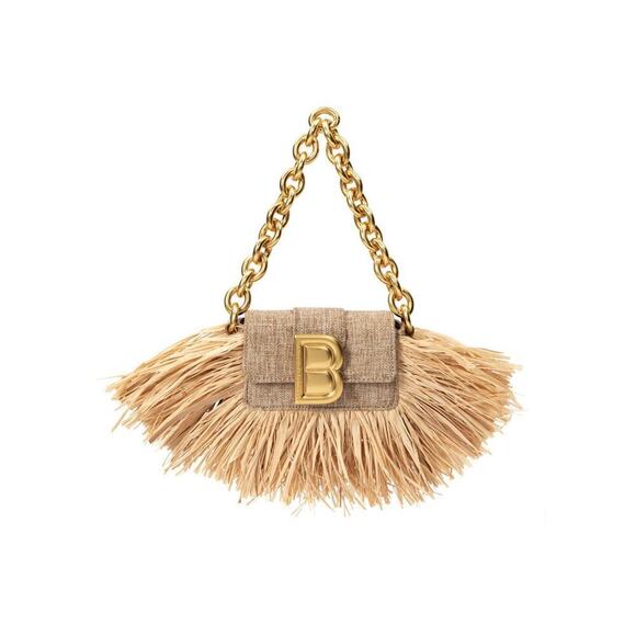 Micro Nia Bag in Beige Linen with Fringed Wicker and Gold Brass Hardware
